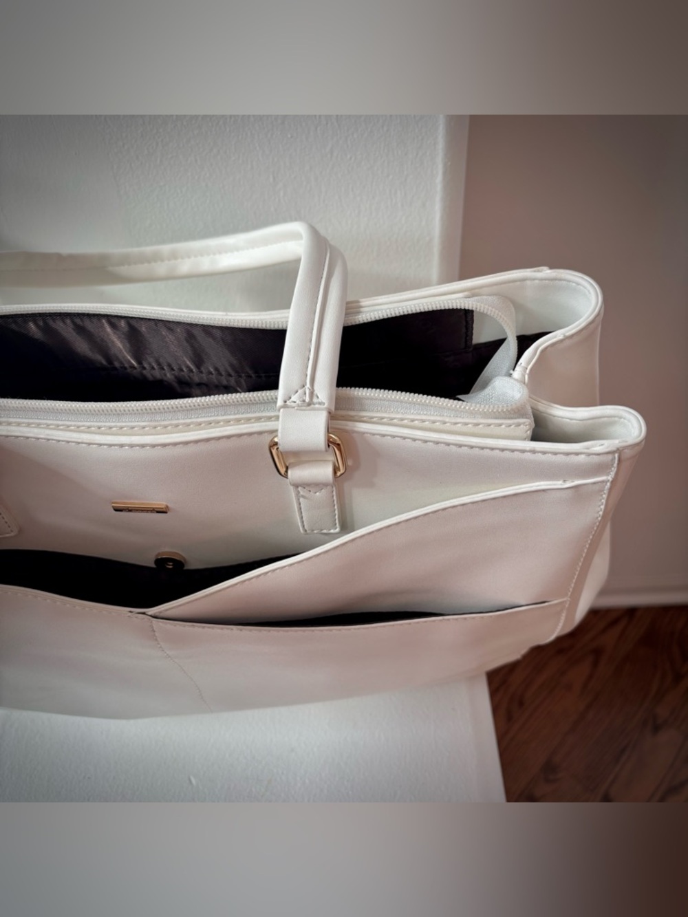 White Laptop Tote Bag Minimalist Work Office Commuter Carryall - Picture 9 of 16